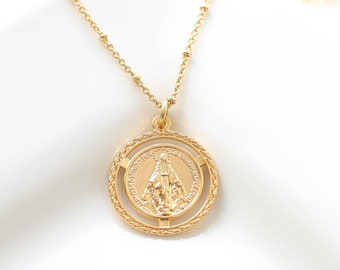 Virgin Mary necklace Gold Coin Necklace. Religious Medallion Necklace Christian Baptism Gift Minimalist Dainty Delicate Everyday Jewelry