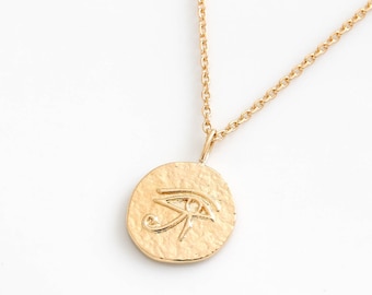 Egyptian Eye Gold Coin Necklace. Eye of Horus Antique Necklace Gold filled Coin Necklace Dainty Tiny Christmas Gift for her Birthday