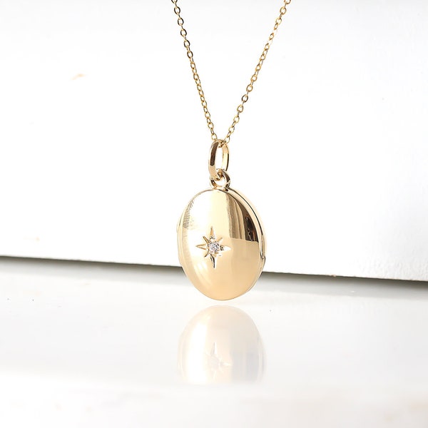 Oval Gold Filled Stern Diamant Personalisierte Medaillon Halskette. CZ Halskette Zierliche Halskette Foto Medaillon Halskette Geschenk für sie Brautjungfer Geschenk