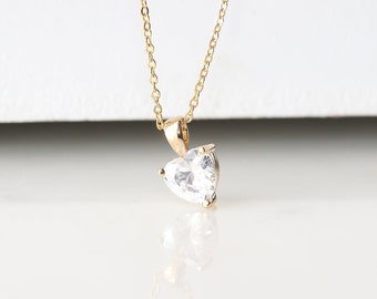 Heart Diamond Solitaire Ziconia gold filled necklace. Gold CZ Love charm Minimalist choker Simple Dainty Layering Gift for her Mother day