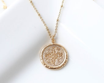 Gold Coin Necklace. Filigree Pendant Dainty Boho Bohemian Medallion Disc Layering jewelry Minimalist Everyday Gift for her Mothers day gift