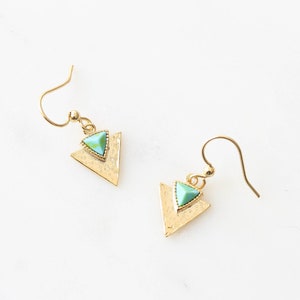 Triangle Turquoise Gold Stainless Steel Earrings. Hammered Minimalist Dainty Earrings Arrow Spear pendant Geometric Earrings Gift for her