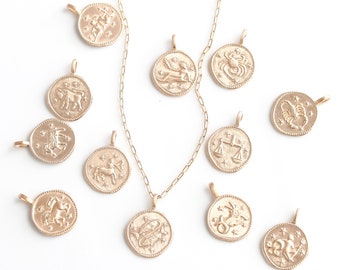 Gold Zodiac Coin Necklace: Dainty Astrology Pendant