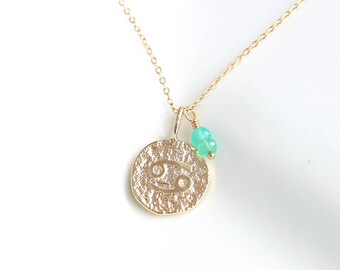 Gold Filled Zodiac Coin Necklace: Astrological Sign, Birthstone Charm
