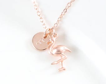 Flamingo Necklace Rose Gold Initial Necklace Flamingo pendant Flamingo Jewelry Pink Flamingo Charm, Bridesmaid Birthday Gift, Best Friend