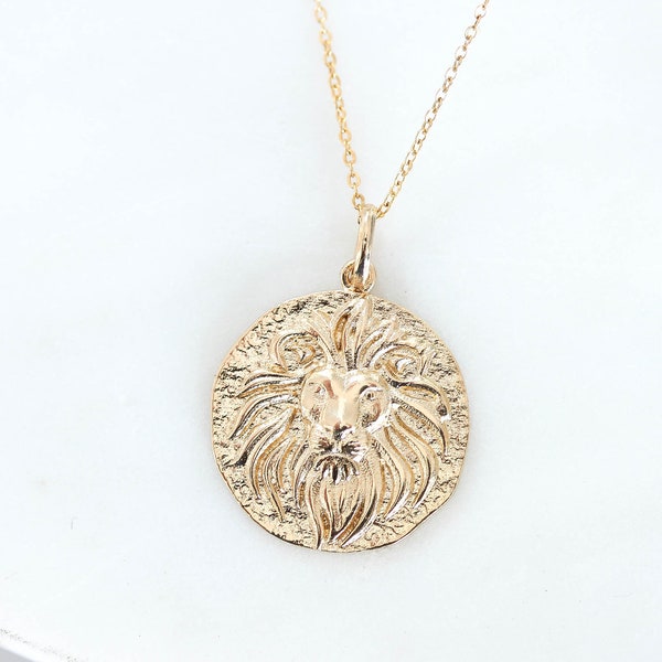 Lion Head Gold Coin Necklace. Lion King Pendant Necklace Gold filled Disc Leo Necklace Layering necklace Zodiac Gift for her Birthday
