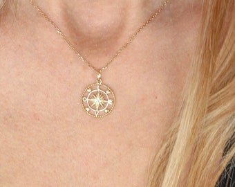 Gold Compass Necklace: 18K Plated Disc Medallion Pendant