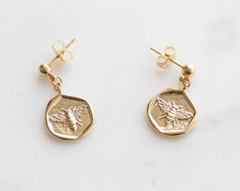 Drop Earrings Gold Coin Earrings Bee Earrings. Mothers day Gift Boho Earrings Dainty Minimalist Everyday bohemian Jewelry Gift for her