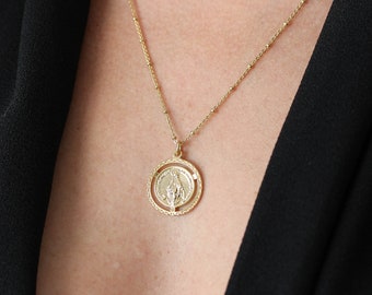 Virgin Mary Necklace Gold Coin Necklace. Religious Medallion Necklace Christian Baptism Gift Minimalist Dainty Delicate Everyday Jewelry
