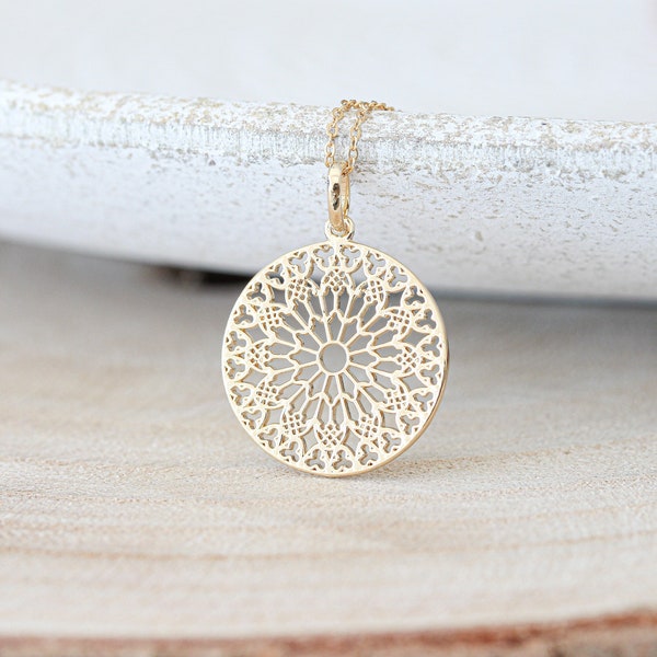 Gold Mandala Pendant. Flower Medalion Gold filled Necklace Minimalist boho necklace Dainty layering necklace Mother Gift  Christmas Gift