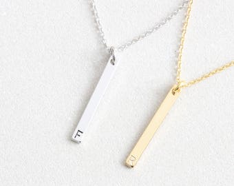 Vertical Gold Bar Initial Necklace Personalized Gold Silver long bar necklace. Tiny Skinny Minimalist Hand Stamped Vertical Bar Necklace