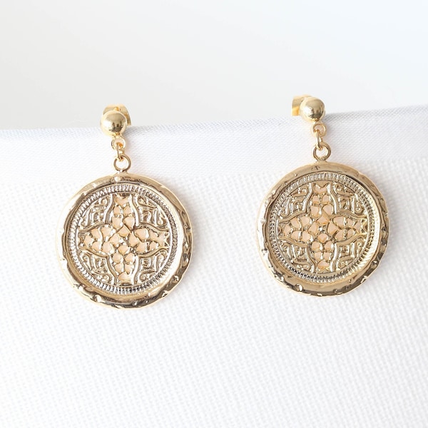 Drop Earrings Gold Coin Earrings Filigree Earrings jewelry. Mothers day Gift Dainty Minimalist Everyday Boho bohemian Gift for her Vintage