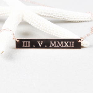 14K Rose Gold Filled Date Name Bar Nameplate Necklace, Name Plate Wedding Date roman numeral date Necklace