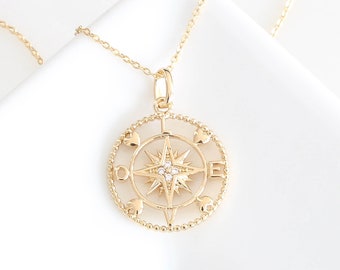 Gold Filled Compass Necklace: Dainty Star Medallion Pendant