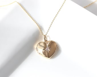 Heart Personalized Locket Necklace. Gold Filled Star Diamond Photo locket CZ necklace Love Dainty necklace Gift For Her Bridesmaid gift