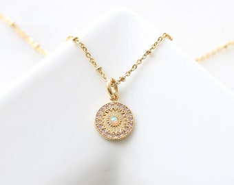 Opal Gold Coin Pendant Necklace. Personalized Dainty Disc Minimalist Simple Delicate Medal Necklace Everyday Birthday Gift  for her