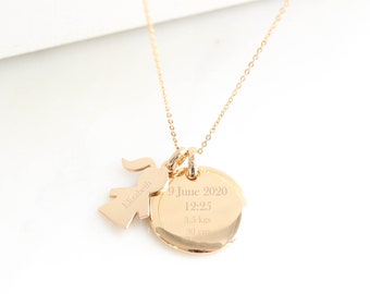 Baby Girl Gold Coin Engraved Necklace. Birth Gold filled Dainty Personalized Disc Necklace Gift For Her Layering Mom Necklace Christmas Gift