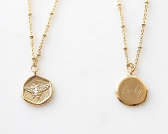 Gold Coin Necklace Bee Necklace. Mothers day Gift Boho Necklace Dainty Minimalist Everyday bohemian Jewelry Gift for her Personalized
