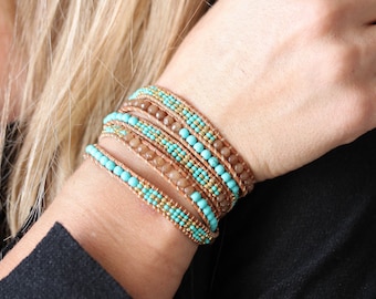 Beaded Leather Wrap Bracelet: Turquoise & Quartz Boho Jewelry