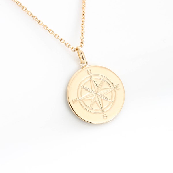 Gold Coin Compass Necklace. Gold filled Dainty Personalized Disc Necklace Travel Nautical Necklace Gift For Her Layering Jewelry Monogram