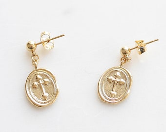 Drop Earrings Gold Coin Earrings Cross Earrings. Cross Jewelry Mothers day Gift Boho Dainty Minimalist Everyday bohemian Gift for her