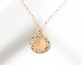 Gold Coin Necklace Personalized disc charm. Initial gold filled necklace Engraved Monogram Gift Minimalist Simple Delicate Everyday Birthday