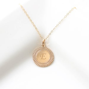 Gold Filled Initial Necklace: Personalized Coin Charm, Engraved Monogram