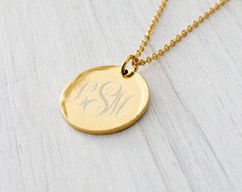 Personalized Gold Women Monogram Engraved Initial Necklace, Gold Disc, Gift for her, Christmas, Bridesmaids, Wedding, Graduation