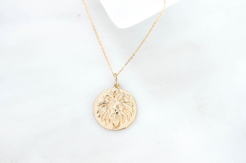 Lion Head Gold Coin Necklace. Lion King Pendant Necklace Gold filled Disc Leo Necklace Layering necklace Zodiac Gift for her Birthday image 3