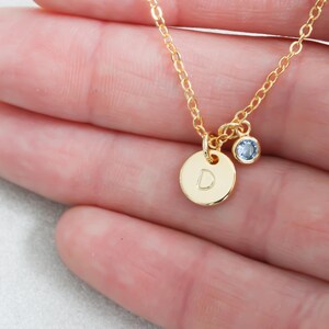 Tiny Gold Dot initial hand Stamped Disc Birthstone Necklace, Bridesmaids Letter Necklace Small Minimalist Necklace Jewelry image 2