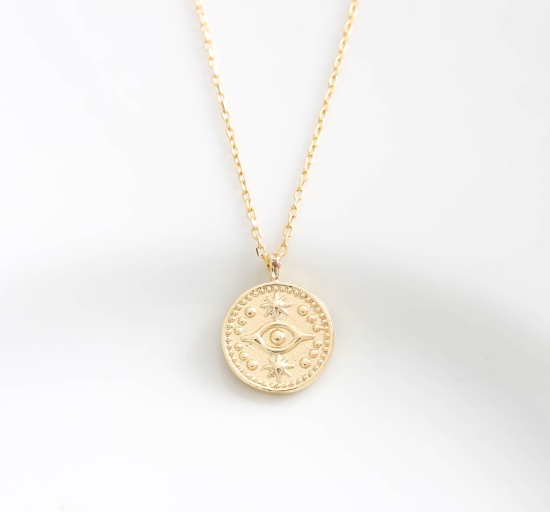 Evil Eye Gold Coin Necklace. 18K Gold filled Dainty Tiny Disc Necklace Protection Necklace Lucky Necklace Christmas Gift for her Birthday image 1