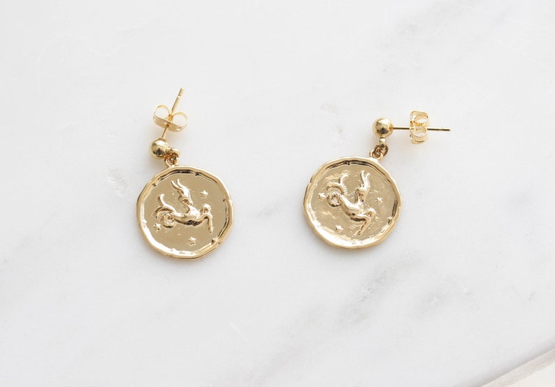 Zodiac Sign Earrings Gold Coin Dangle Mothers Day Gift. Etsy