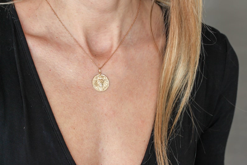 Lion Head Gold Coin Necklace. Lion King Pendant Necklace Gold filled Disc Leo Necklace Layering necklace Zodiac Gift for her Birthday image 6