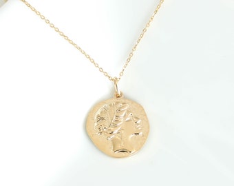 Ancient Greek Goddess Gold Coin Necklace. Mythology Necklace Gold filled Disc Necklace Layering pendant necklace Gift for her Birthday