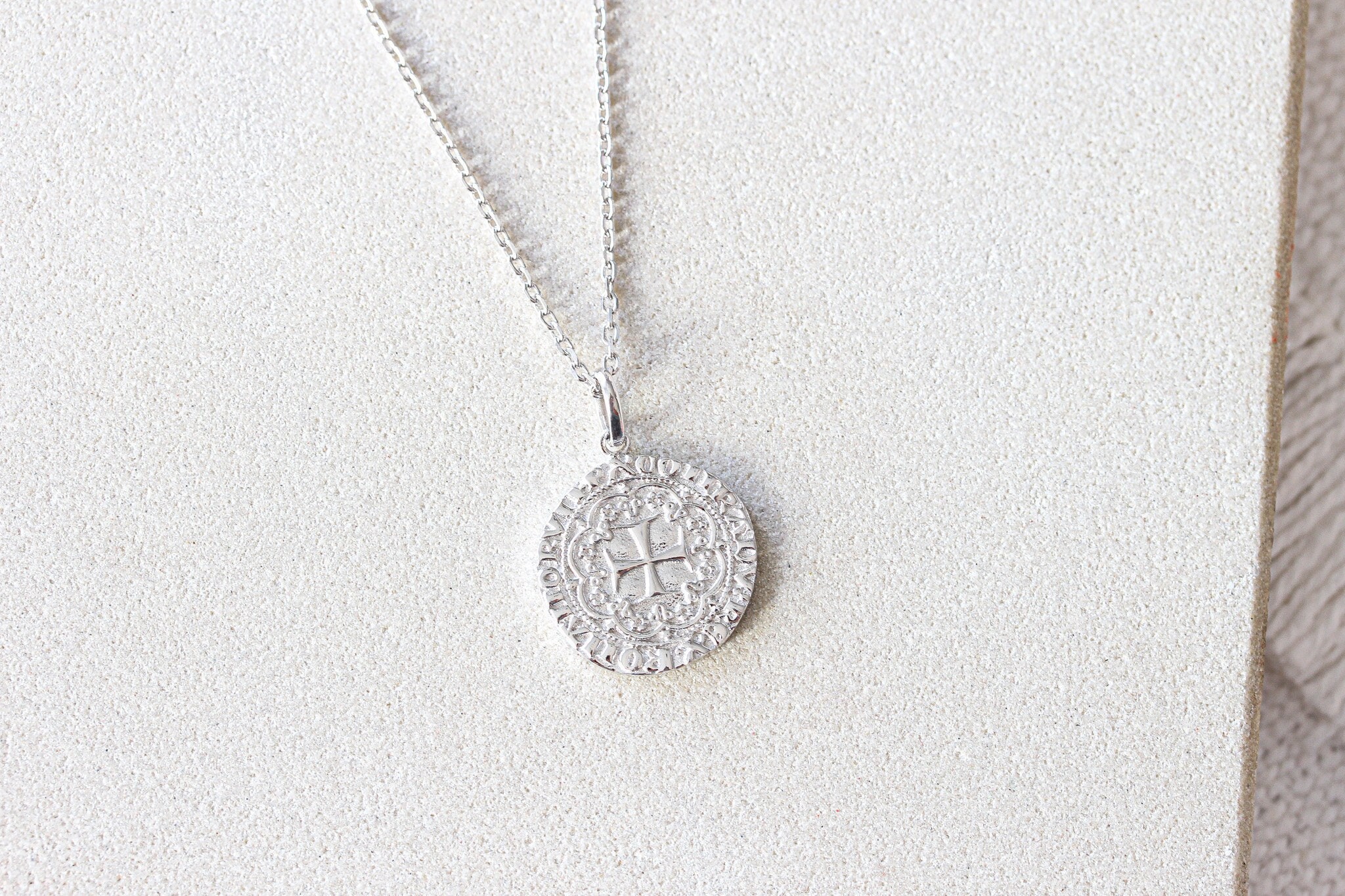 Sterling Silver Ancient Greek Byzantine cross Necklace. Greek coin pendant Dainty Layering medallion Necklace Catholic Religious Orthodox