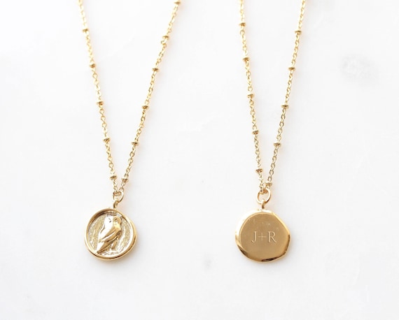 Collier pièce de monnaie en or avec hibou : bijoux bohèmes délicats en médaillon