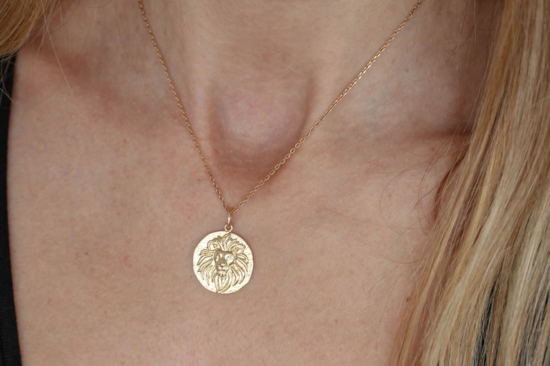 Lion Head Gold Coin Necklace. Lion King Pendant Necklace Gold filled Disc Leo Necklace Layering necklace Zodiac Gift for her Birthday image 8