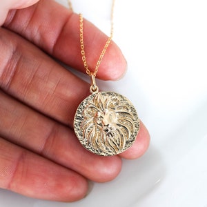 Lion Head Gold Coin Necklace. Lion King Pendant Necklace Gold filled Disc Leo Necklace Layering necklace Zodiac Gift for her Birthday image 7
