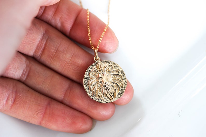 Lion Head Gold Coin Necklace. Lion King Pendant Necklace Gold filled Disc Leo Necklace Layering necklace Zodiac Gift for her Birthday image 7