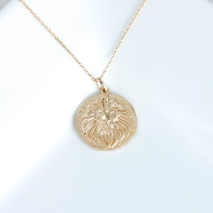 Lion Head Gold Coin Necklace. Lion King Pendant Necklace Gold filled Disc Leo Necklace Layering necklace Zodiac Gift for her Birthday image 5