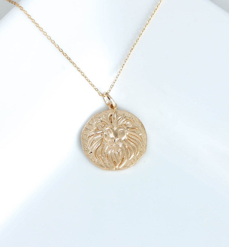 Lion Head Gold Coin Necklace. Lion King Pendant Necklace Gold filled Disc Leo Necklace Layering necklace Zodiac Gift for her Birthday image 5