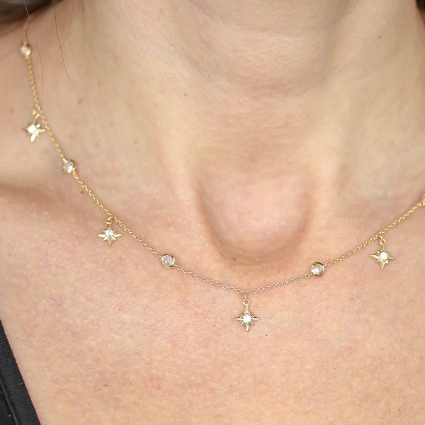 Gold CZ Star Pampille Choker Necklace. Celestial Tiny Dainty minimalist necklace Boho Necklace Layering necklace Gif for Her Mom Necklace