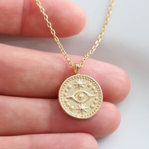 Evil Eye Gold Coin Necklace. 18K Gold filled Dainty Tiny Disc Necklace Protection Necklace Lucky Necklace Christmas Gift for her Birthday image 2