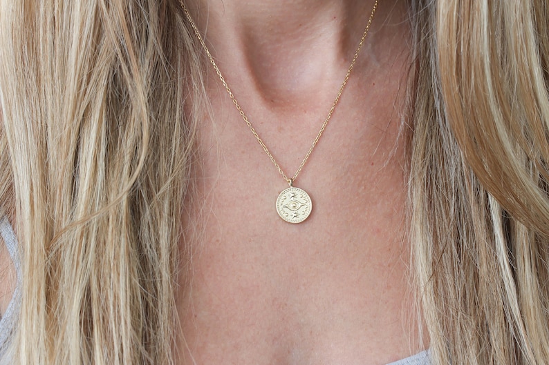Evil Eye Gold Coin Necklace. 18K Gold filled Dainty Tiny Disc Necklace Protection Necklace Lucky Necklace Christmas Gift for her Birthday image 5