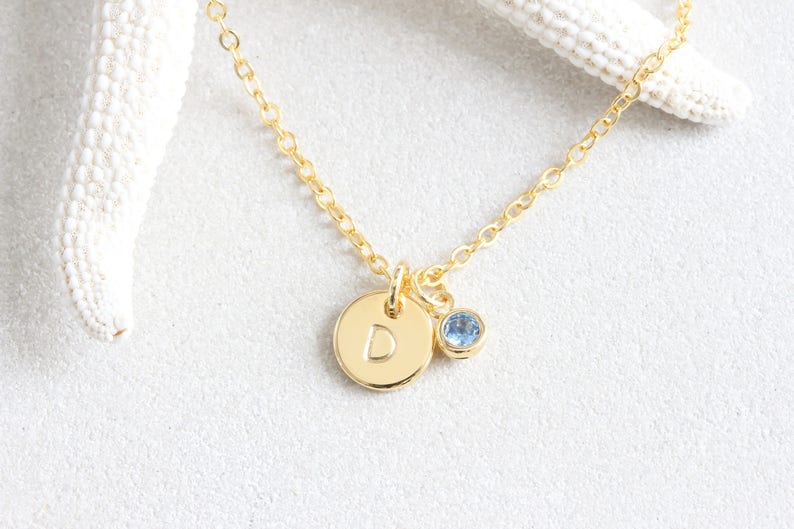 Tiny Gold Dot initial hand Stamped Disc Birthstone Necklace, Bridesmaids Letter Necklace Small Minimalist Necklace Jewelry image 1