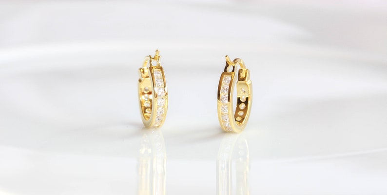 Sterling Silver CZ Hoop Earrings. Dainty minimalist huggie hoop earrings Tiny 18K gold plated Earrings Gift Wedding Bridesmaid Earrings image 2