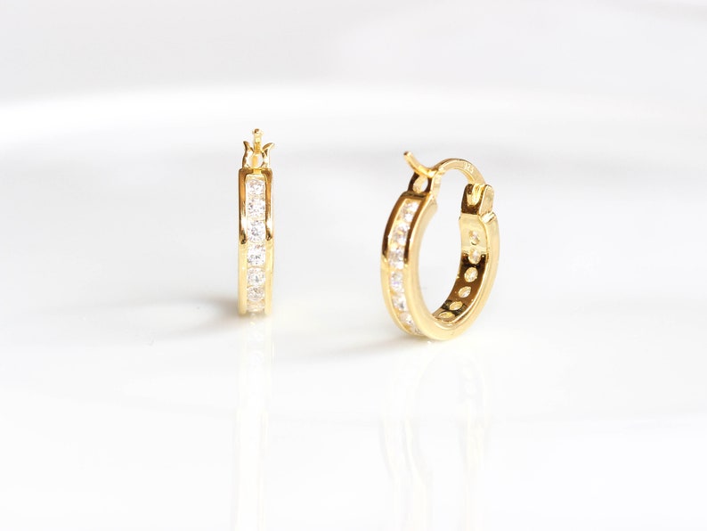 Sterling Silver CZ Hoop Earrings. Dainty minimalist huggie hoop earrings Tiny 18K gold plated Earrings Gift Wedding Bridesmaid Earrings image 6