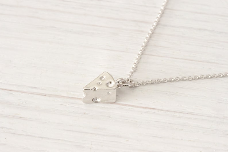 Tiny Silver Swiss Cheese Necklace, Food Jewelry Friendship Delicate Dainty Minimalist Simple Everyday Modern, best friend gift, Slice Charm image 1