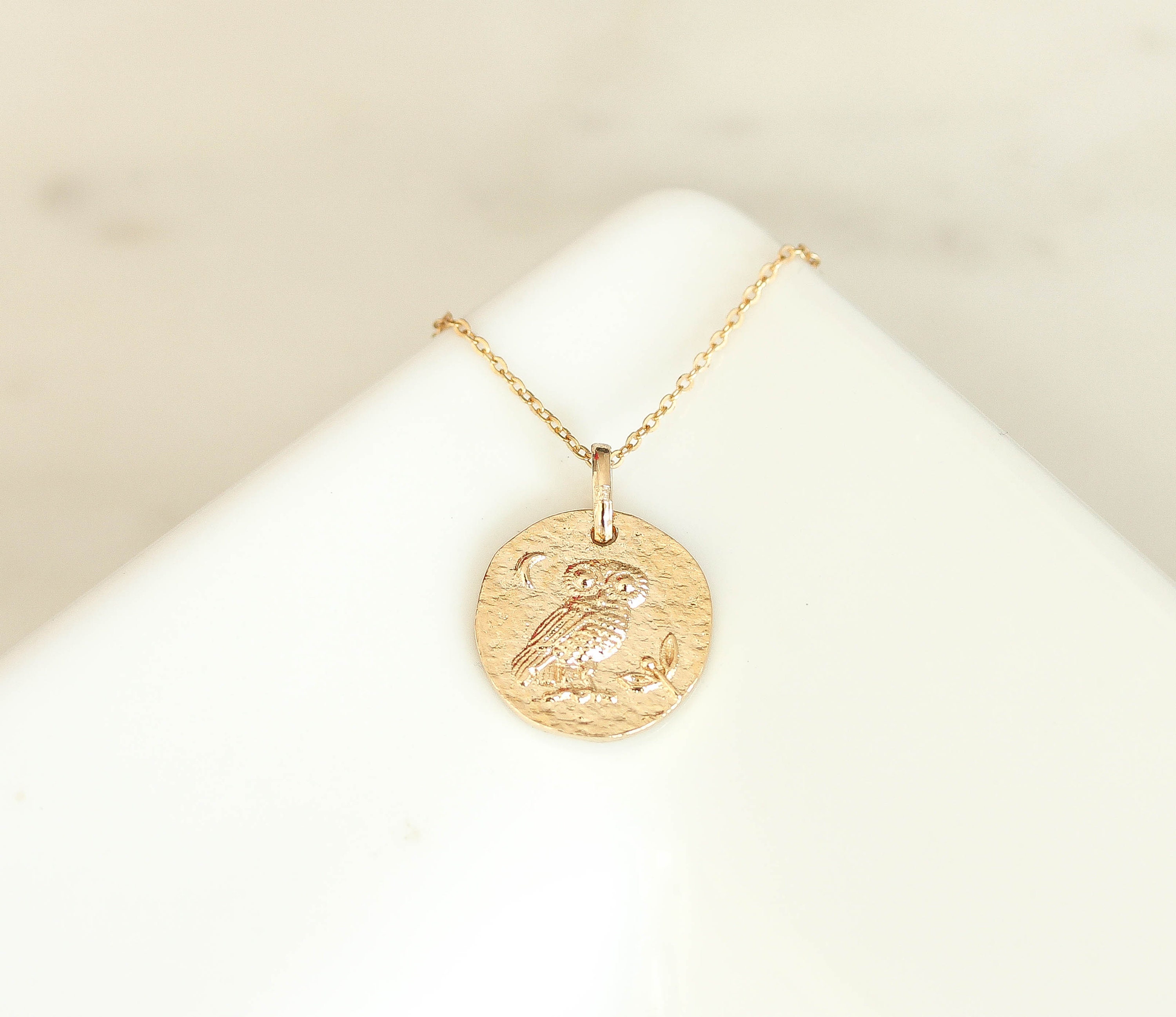 Gold Owl Charm Necklace: Hammered Gold Filled Bird Pendant