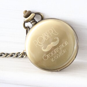 Personalized Gold Vintage Antique old Pocket Watch, Engraved Custom Monogram pocketwatch chain, groomsmen gift image 2